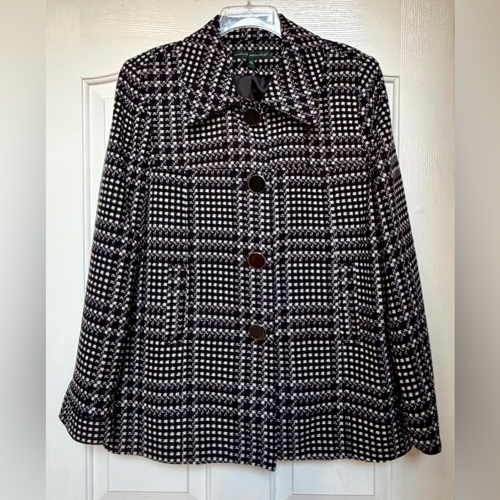 Harve Benard Car Coat Trench Tweed Plaid Jacket Black White XL 16